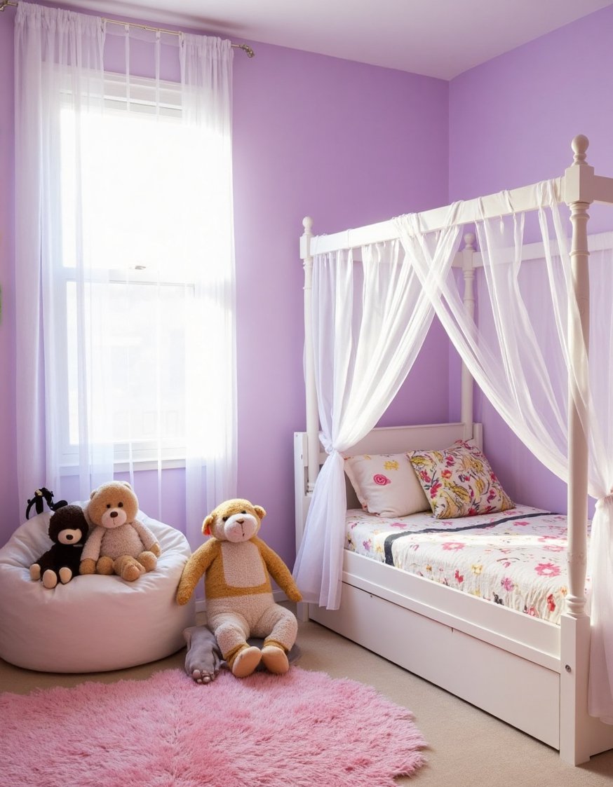 Cutecore room ideas - Lavender Canopy Bed with Stuffed Animals - Light purple walls create a serene and cutecore...
