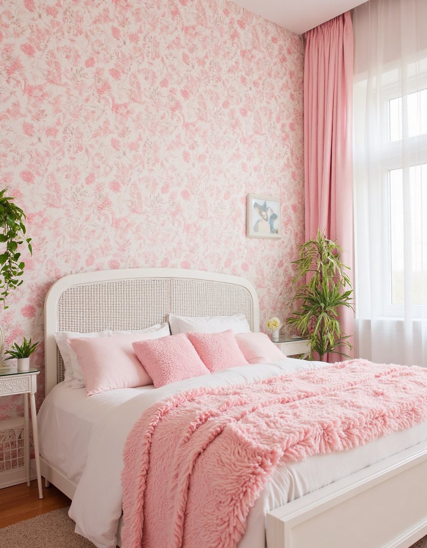 Cutecore room ideas - Pink & White Bedroom with Macrame Decor - Pink and white patterned wallpaper sets the scene...