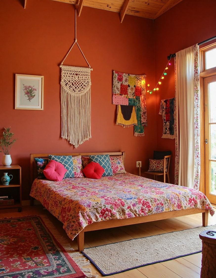 Cutecore room ideas - Bohemian Cutecore Room: Terracotta & Fairy Lights - Bohemian cutecore bedroom ideas! Terracotta walls create a...