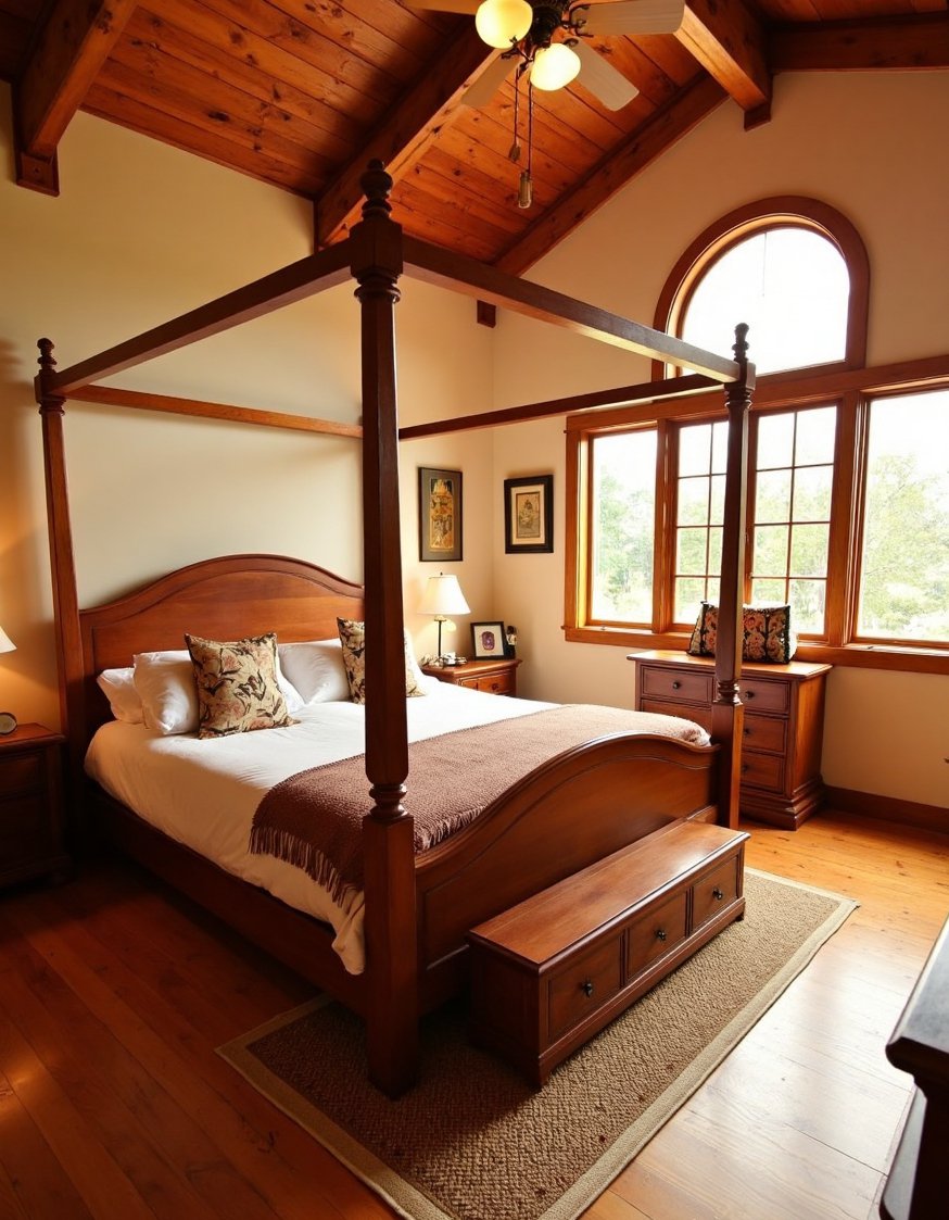cherry bedroom ideas - Rustic Cherry Wood Bedroom with Four-Poster Bed - Create a cozy cherry wood bedroom. I love...