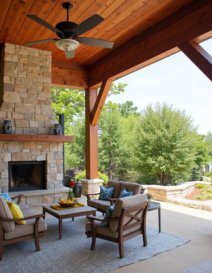 beach hosue patio ideas - Rustic Coastal Patio: Stone Fireplace & Cozy Seating - Beach house patio ideas: This rustic coastal patio...