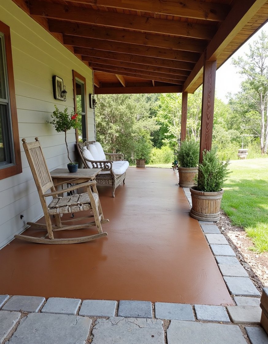 Front porch paint ideas - Rustic Brown Concrete Porch & Grey Flagstone Border - Rustic front porch makeover: This deep brown stained...