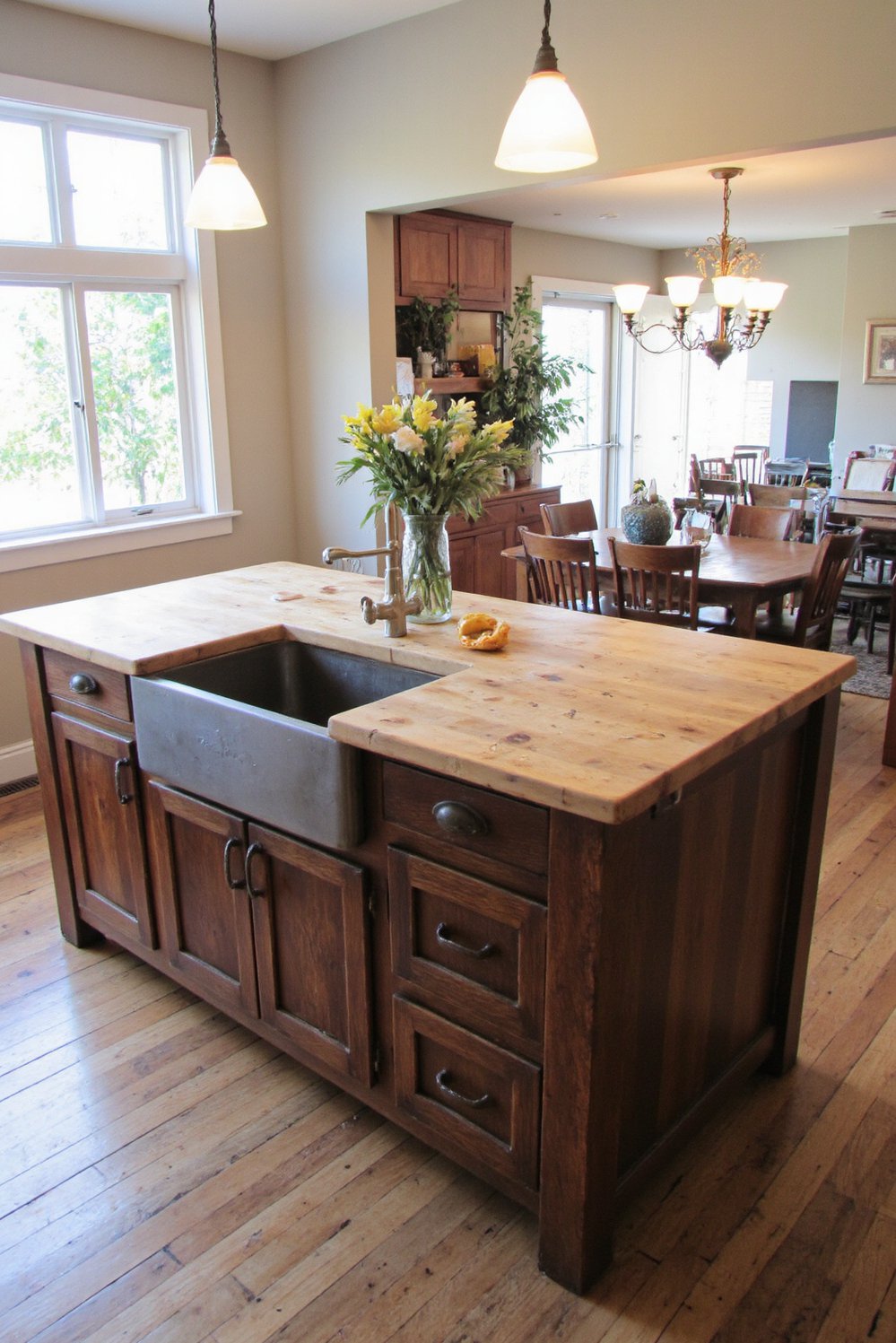 Wood kitchen island ideas - Rustic Kitchen Island with Metal Apron Sink - Rustic kitchen island ideas often feature a butcher...