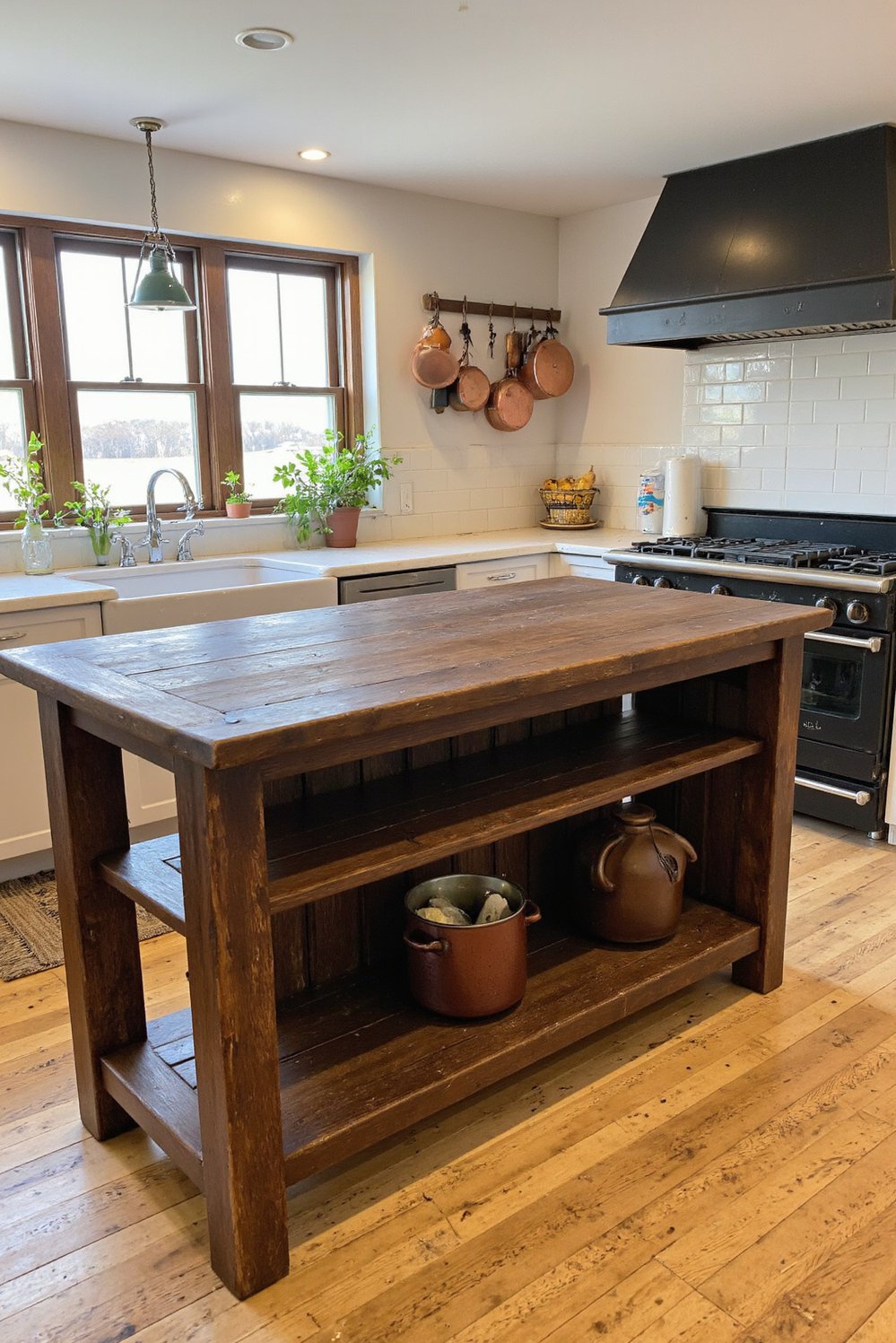 Wood kitchen island ideas - Dark Pine Rustic Kitchen Island with Shiplap & Open Shelving - Dark stained pine kitchen island: Shiplap front and...