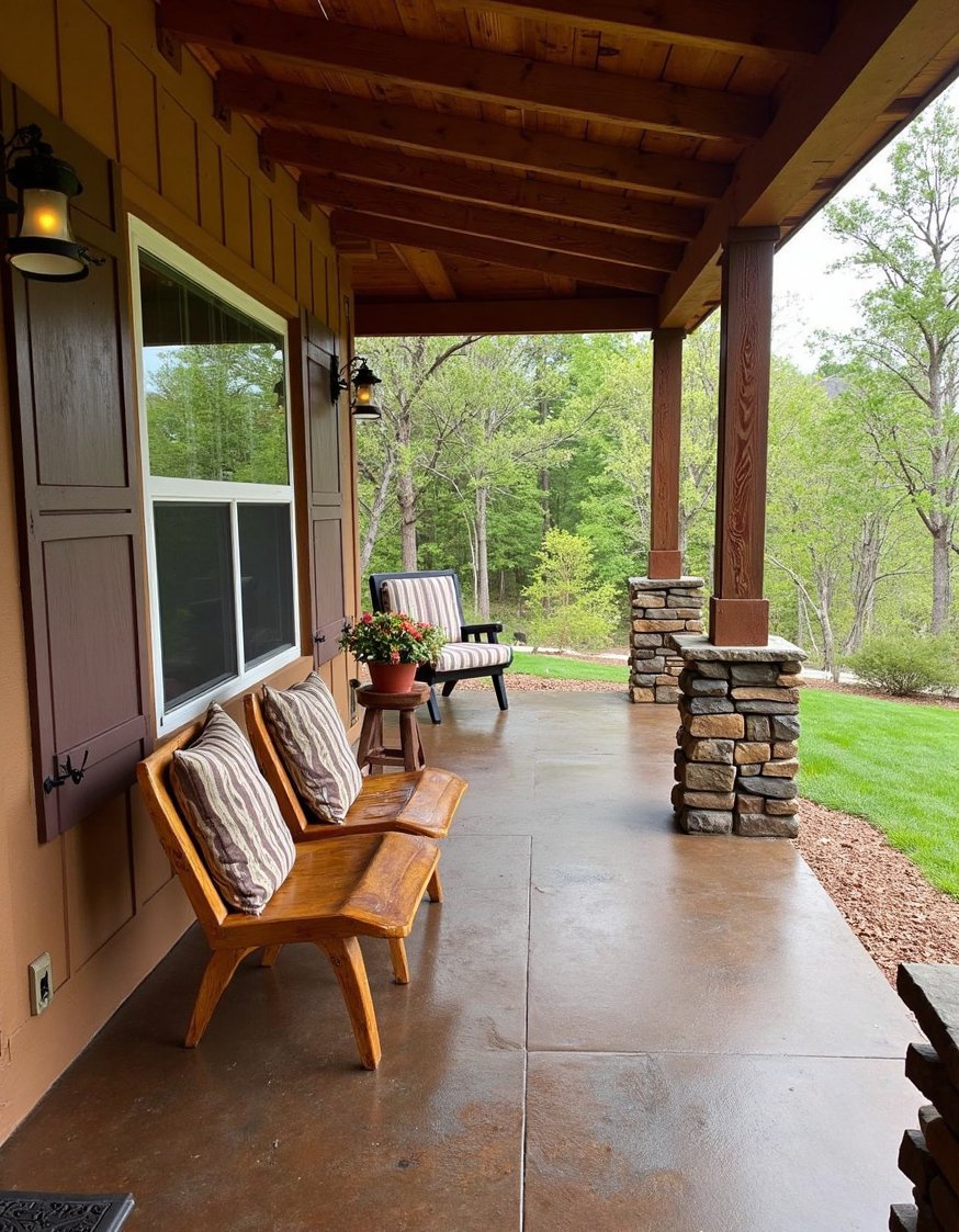 Front porch paint ideas - Rustic Stained Concrete Porch Makeover Ideas - Dark brown stained concrete porch. I love the...