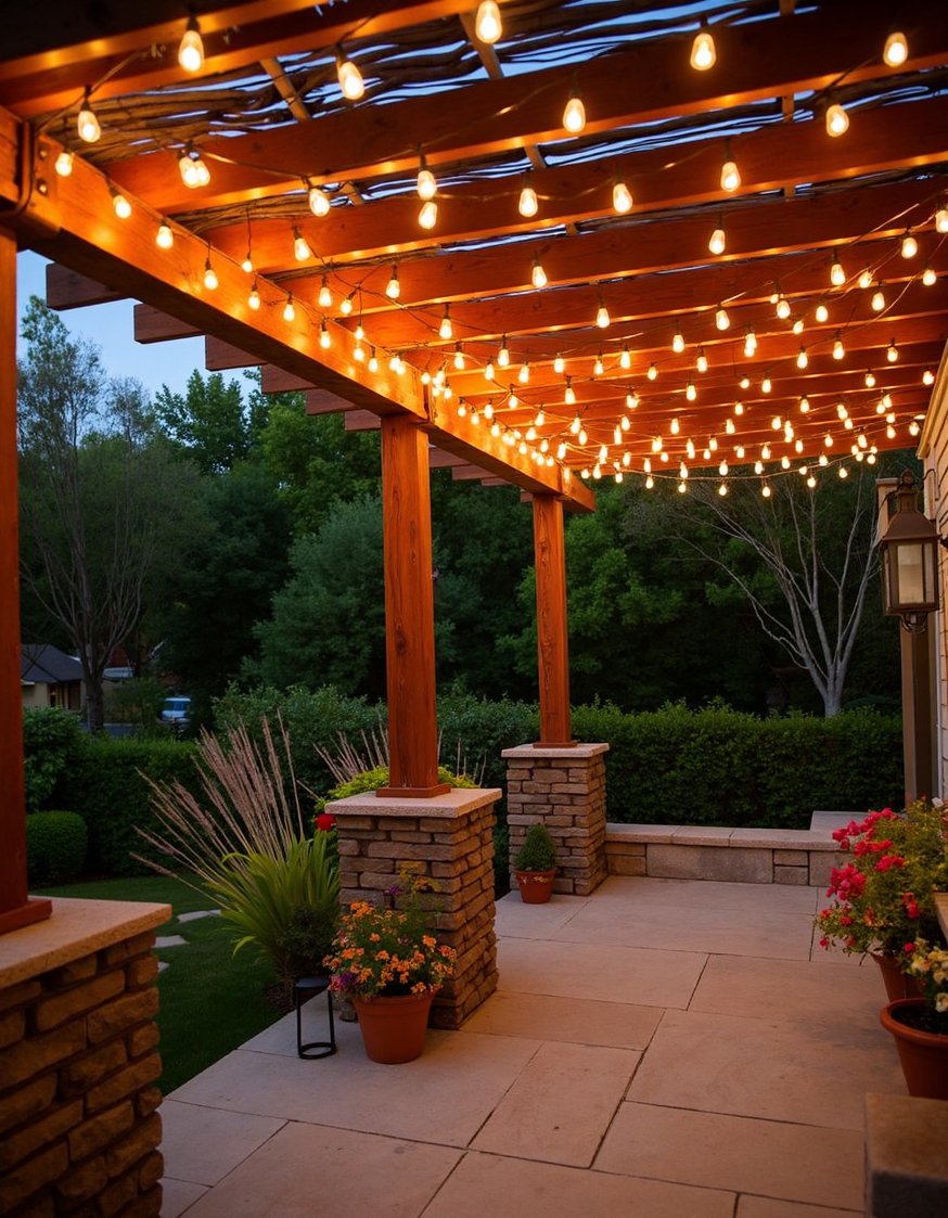 garden decor lights ideas - Rustic Pergola with Warm Backyard Lighting Ideas - Rustic wooden pergola with warm-toned DIY string lights...