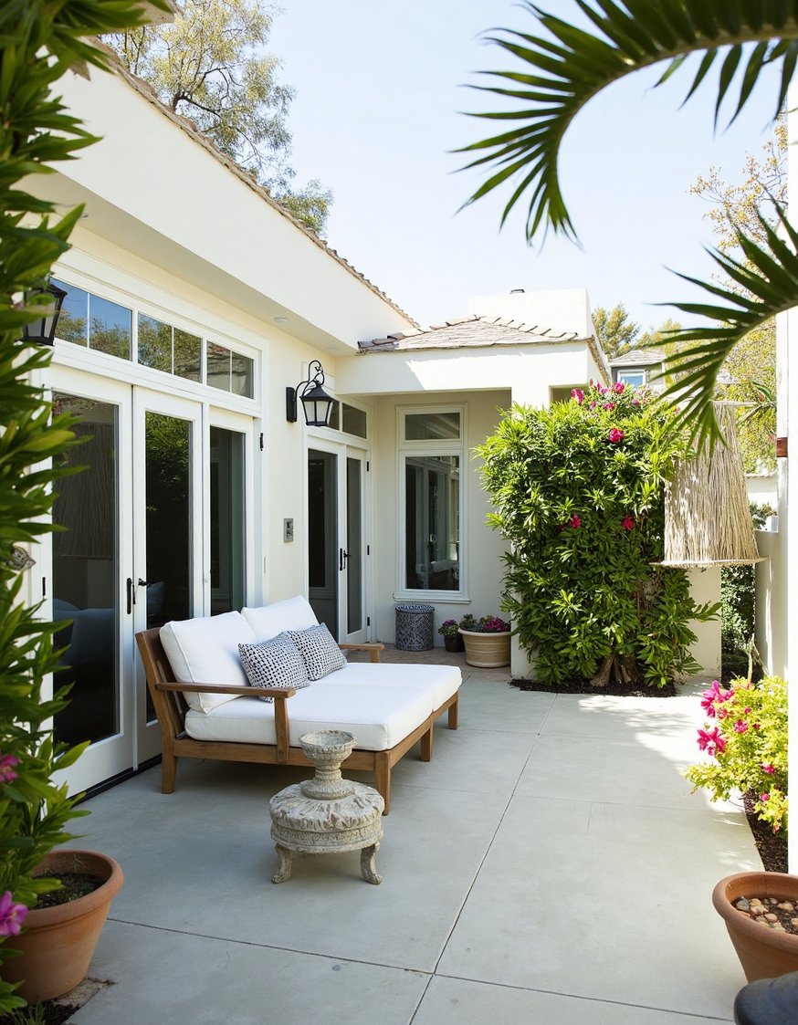 beach hosue patio ideas - Secluded Beach House Patio: Daybed & Fountain - Escape to this secluded beach house patio. Tucked...
