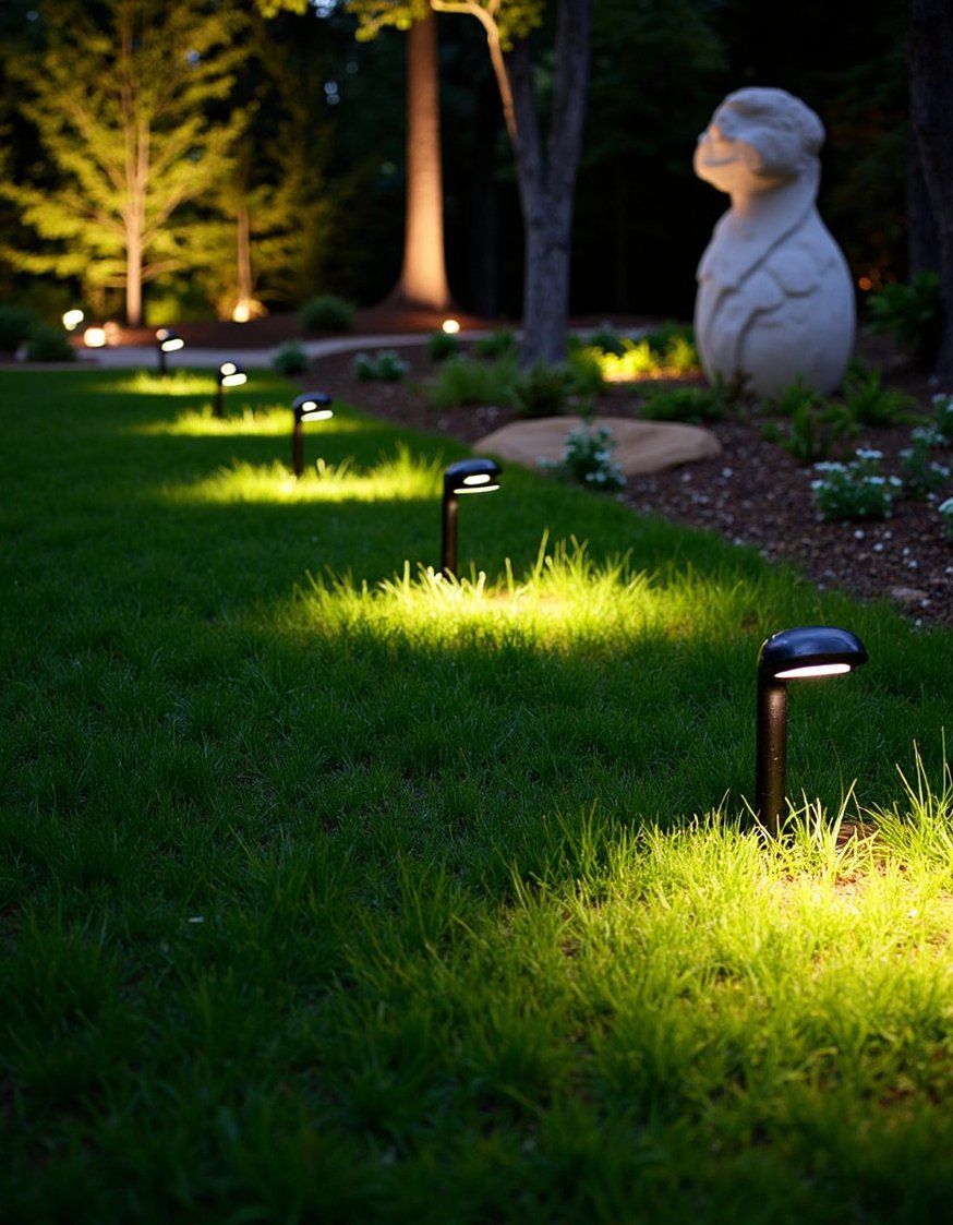 garden decor lights ideas - Artistic Garden Lighting: Highlight Sculptures & Art - Illuminate your garden art! Low-voltage spotlights subtly highlight...