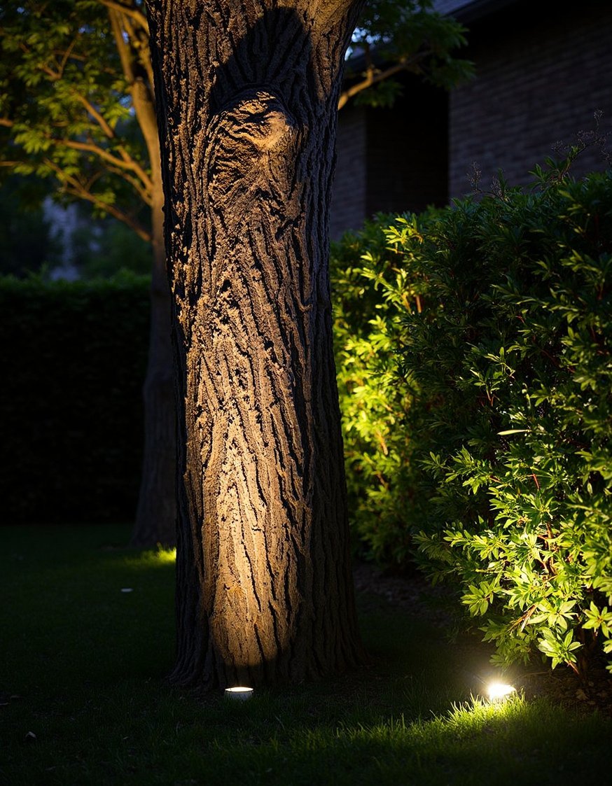 garden decor lights ideas - Dramatic Garden Lighting: Uplights & Minimalist Design - Dramatic garden lighting! Uplighting subtly highlights a tree's...
