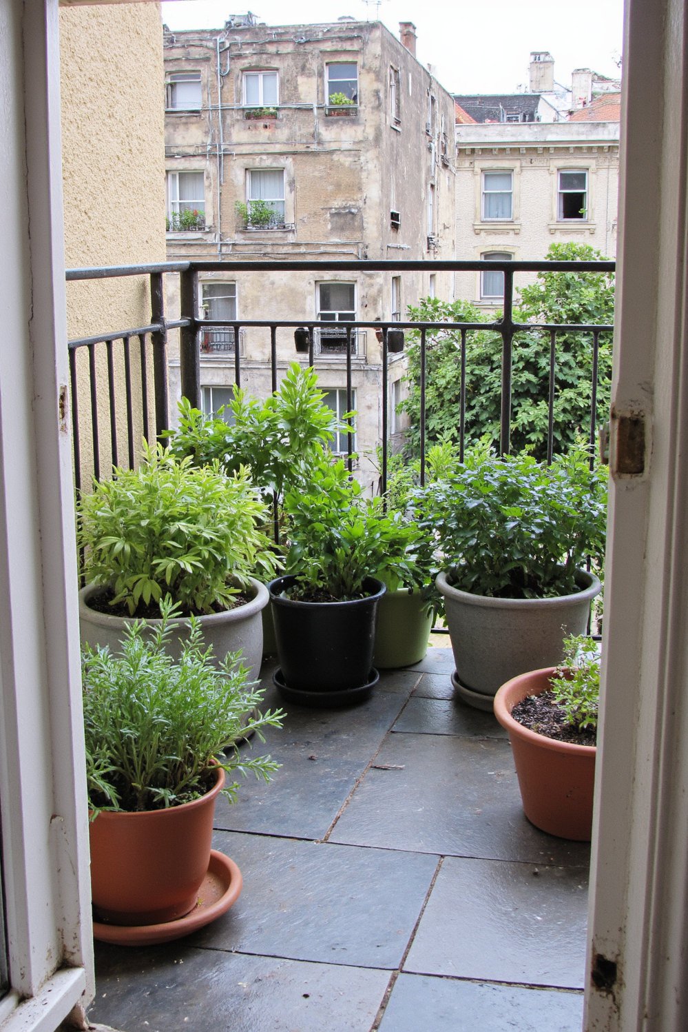 Balcony flooring ideas - Small Balcony Garden: Herringbone Slate Flooring - Transform your small balcony into a relaxing garden...