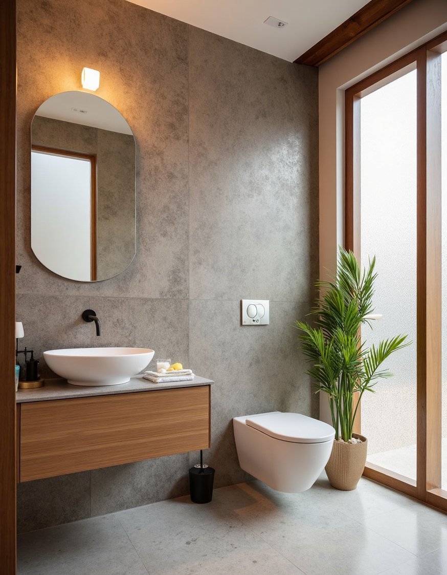 Minimalist bathroom ideas - Textured Minimalist Bathroom: Small Space, Big Impact - Small bathroom with a mix of textures. Wood,...