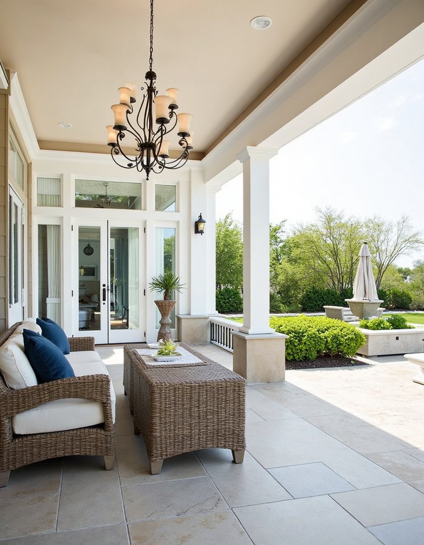 beach hosue patio ideas - Elegant Coastal Porch & Patio: Wicker & Chandelier - Sophisticated coastal porch and patio ideas: This design...