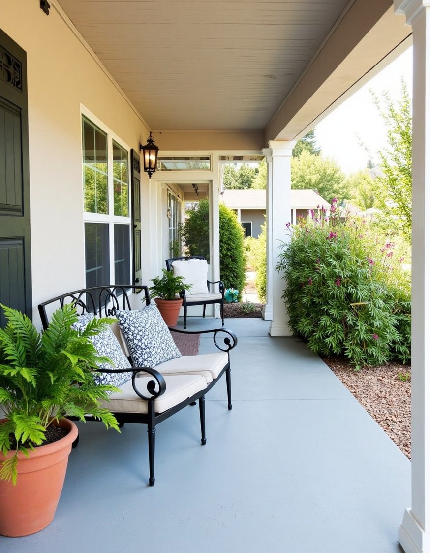 Front porch paint ideas - Soft Grey Concrete Porch: Elegant & Refined Makeover - Transform your porch with a sophisticated grey concrete...