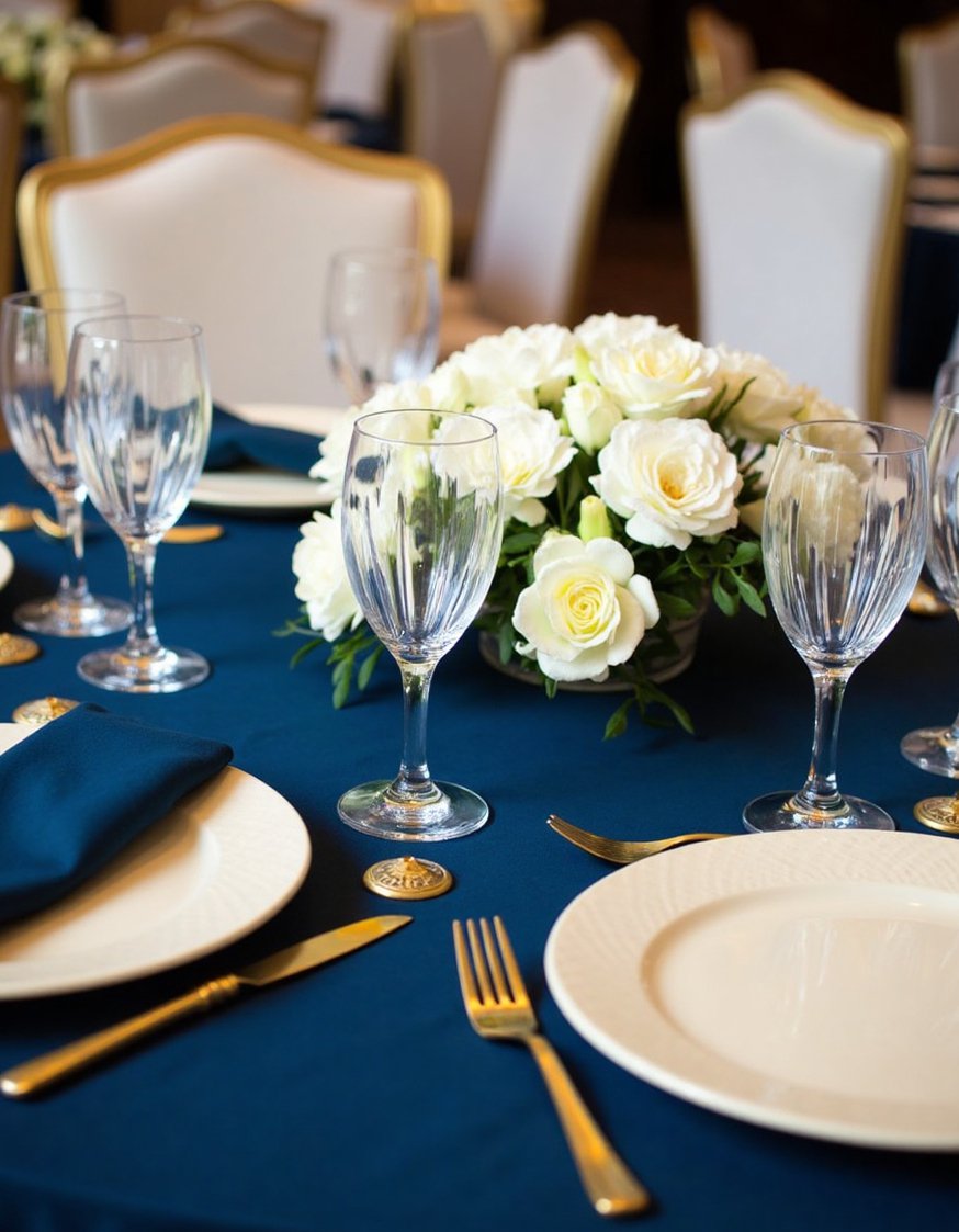 Dinner party tablescape - Midnight Blue Elegant Dinner Party Tablescape with Orchids - Sophisticated dinner party tablescape, ideal for formal events....
