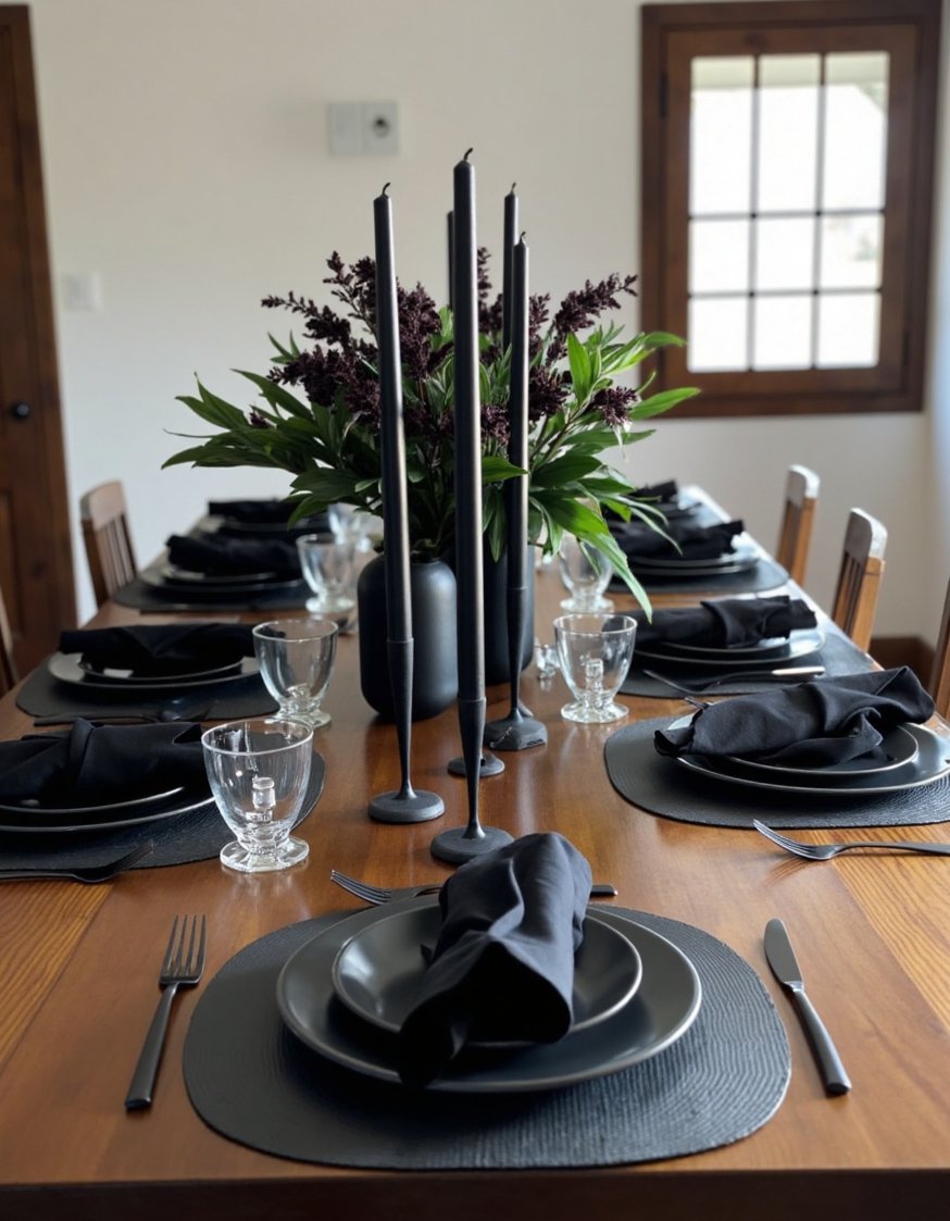 Dinner party tablescape - Sophisticated Dinner Party: Dark Wood & Black Accents - Sophisticated dinner party tablescape with dark wood, black...