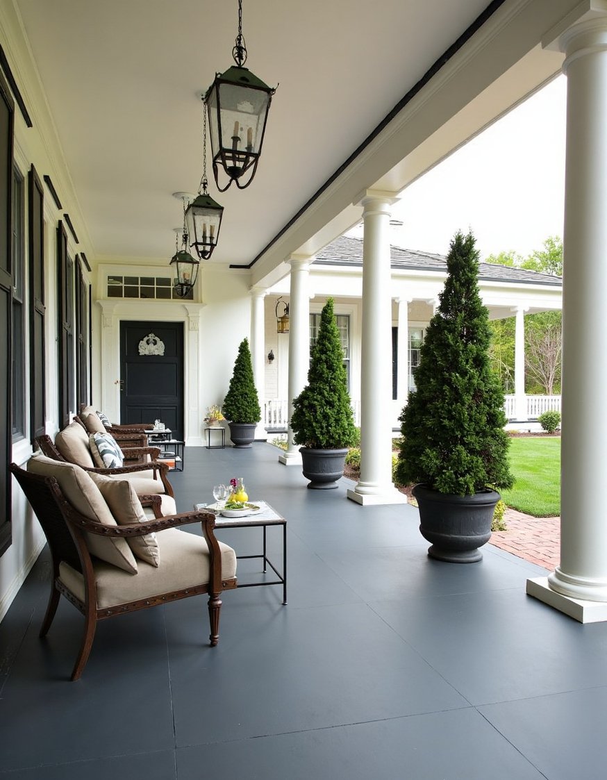 Front porch paint ideas - Charcoal Grey Porch Floors: Elegant Colonial Style - Deep charcoal grey porch floors? So elegant! This...