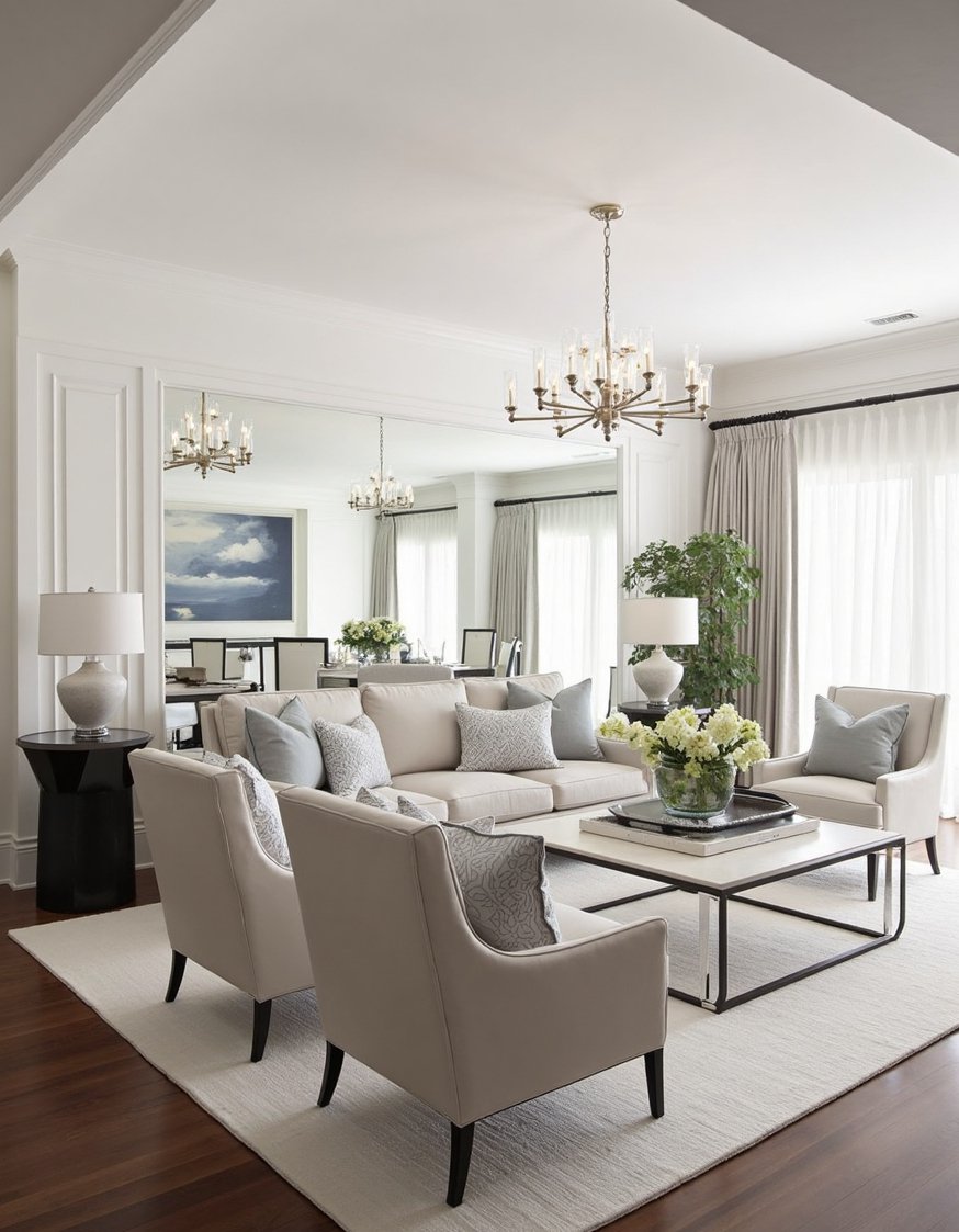 transitional living room ideas - Elegant Transitional Living Room with Dark Wood Floors - This sophisticated living room boasts dark wood floors...