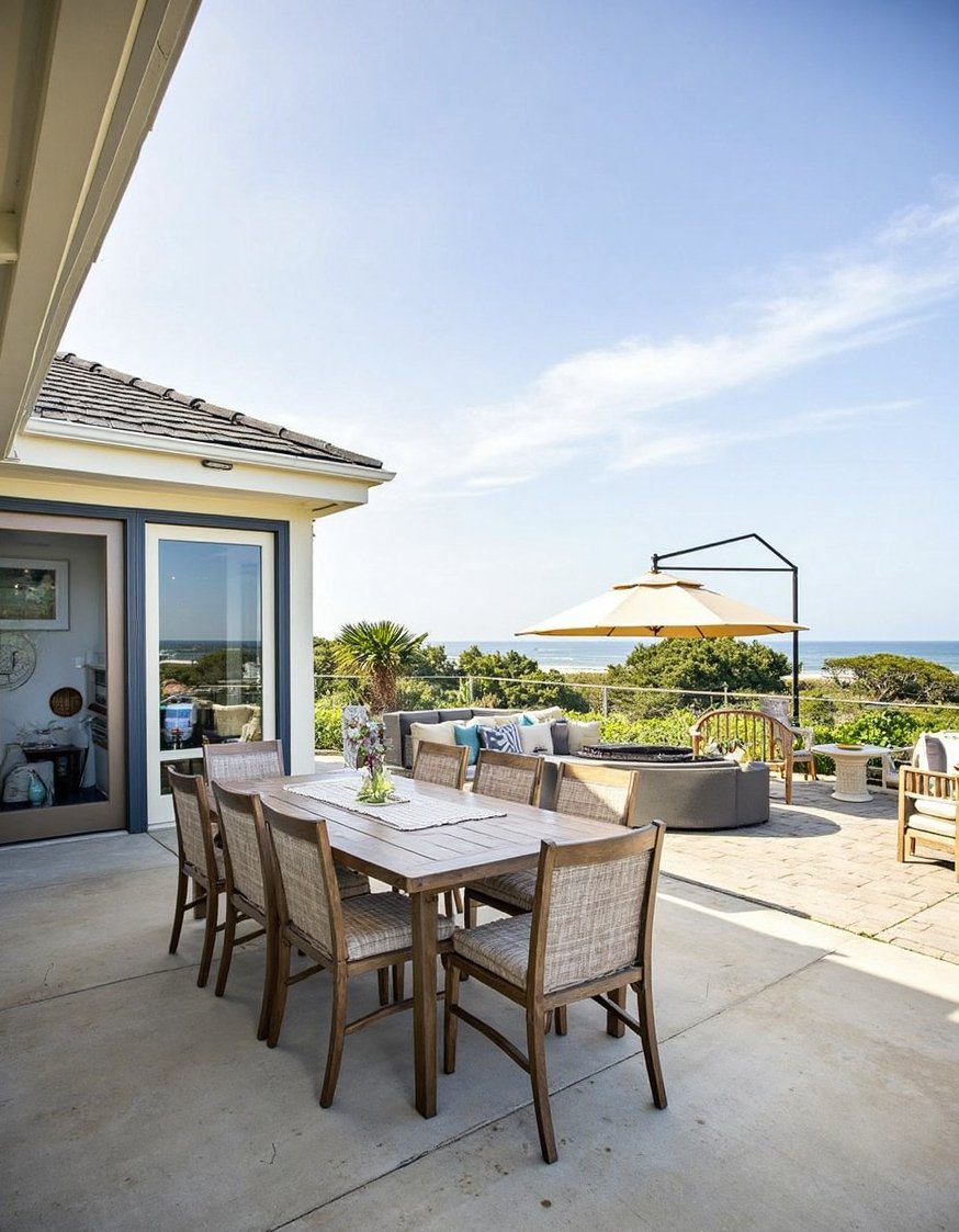 beach hosue patio ideas - Ocean View Beach House Patio for Large Gatherings - Oceanfront deck design dreams! This expansive coastal deck...