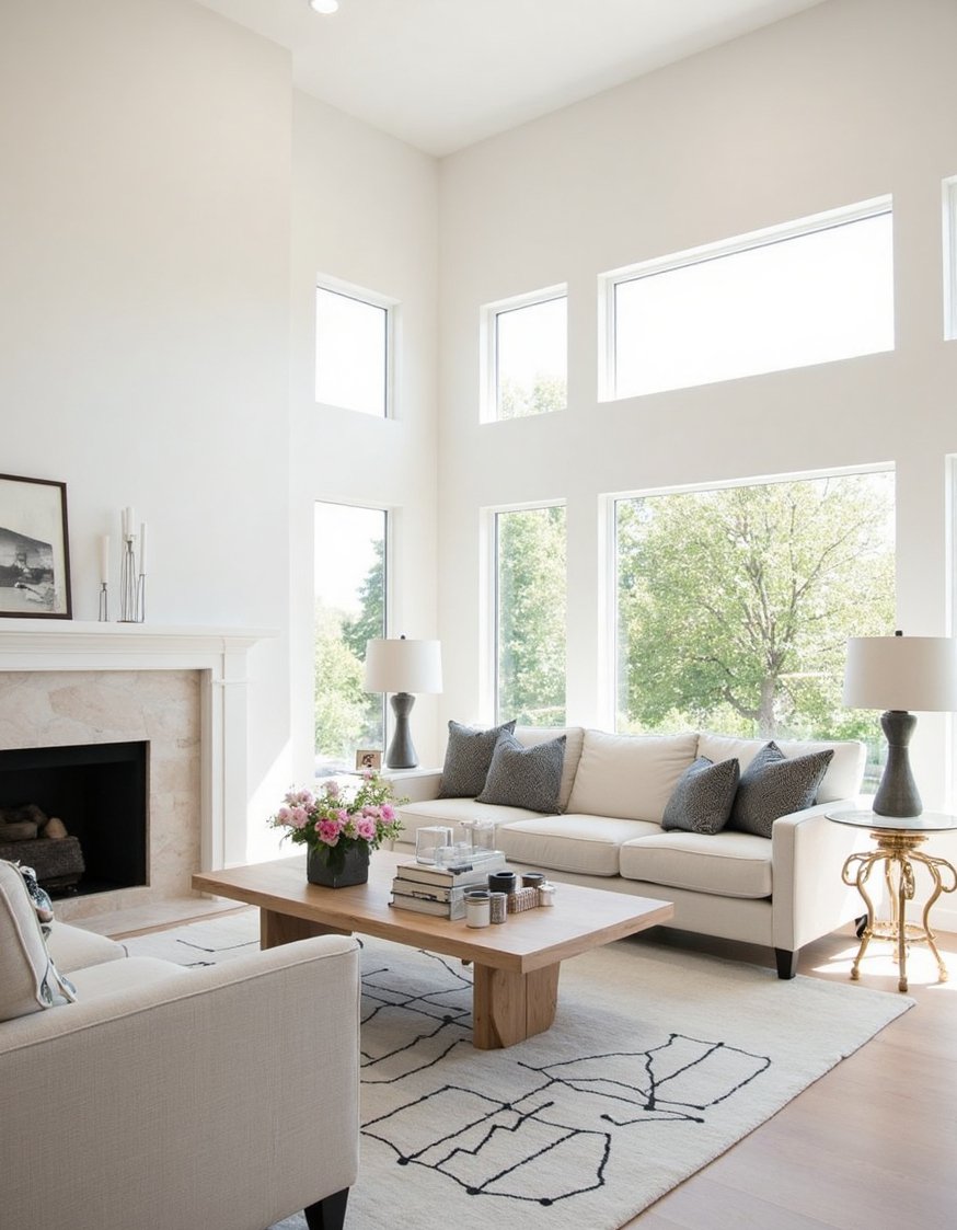 transitional living room ideas - Minimalist Transitional Great Room with High Ceilings - This transitional living room is bright and airy,...