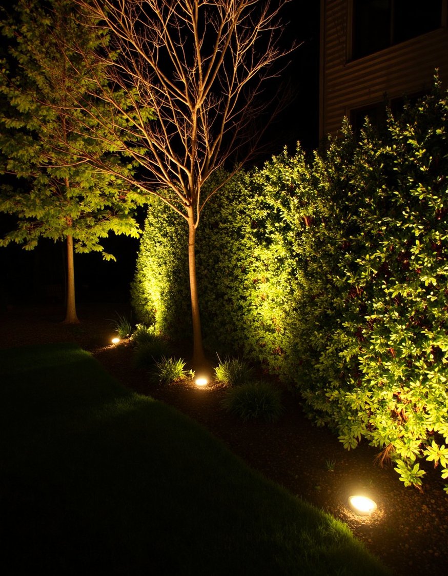 garden decor lights ideas - Warm Backyard Lighting: Illuminating Garden Foliage - Highlight your plants' beauty with warm-toned spotlights! This...