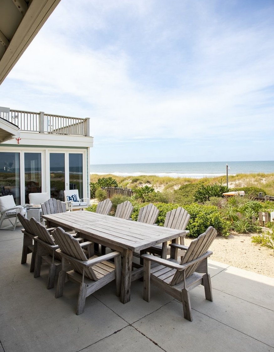 beach hosue patio ideas - Oceanview Beach House Patio: Weathered Wood & Adirondacks - Oceanfront deck and patio goals! A huge weathered...