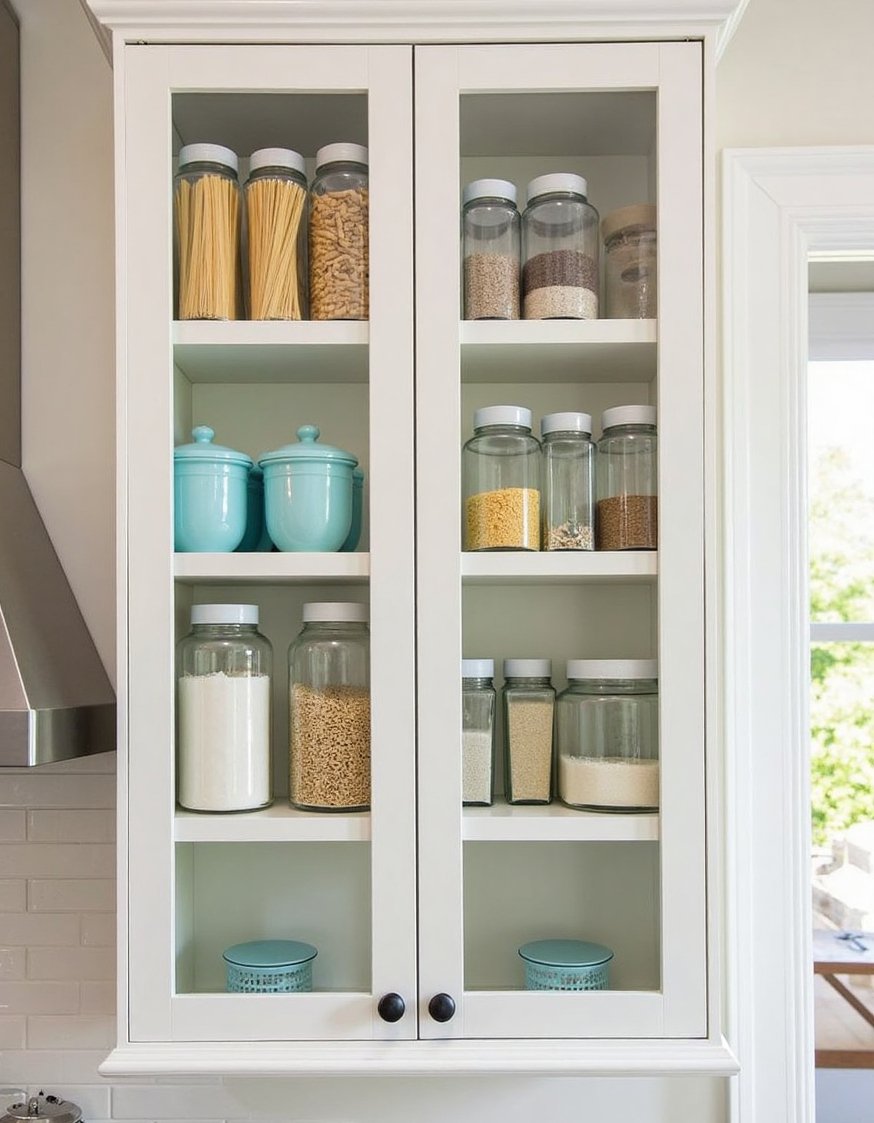 Kitchen cabinet organizers ideas - Stylish Glass Jars & Organized Kitchen Cabinets - Achieve stylish kitchen organization with this glass-front cabinet...
