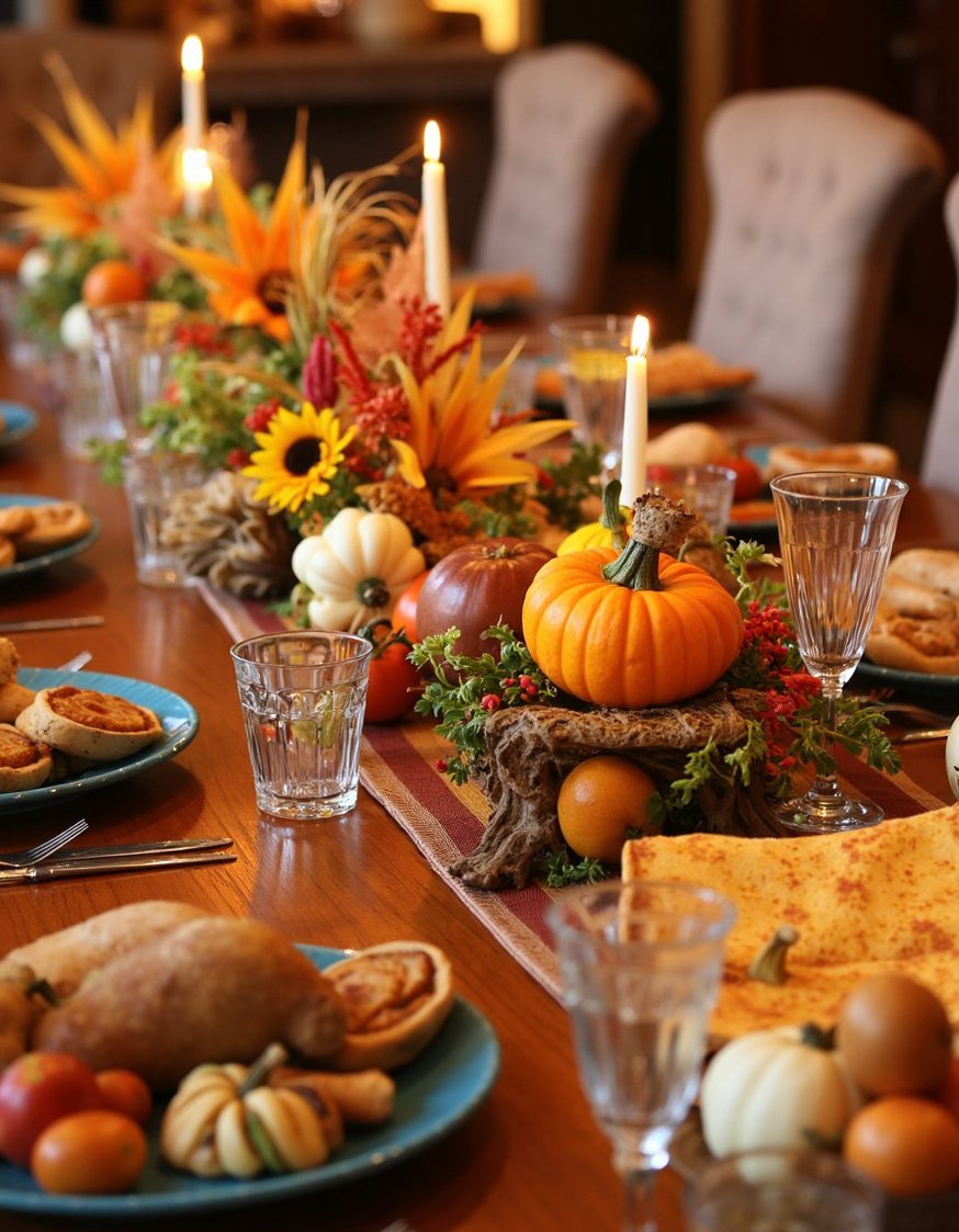 Dinner party tablescape - Thanksgiving Dinner Table: Warm Autumnal Tones - Thanksgiving tablescape: warm autumn colors abound! The table...