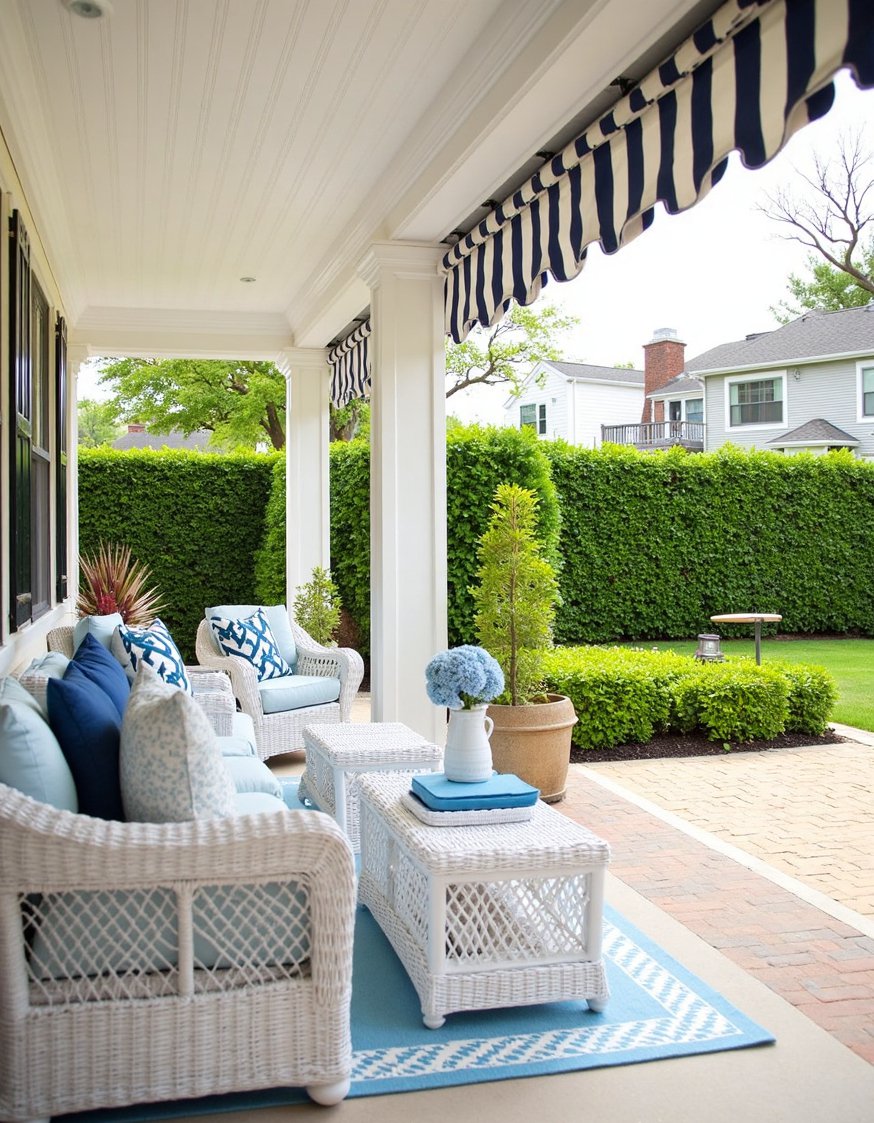 beach hosue patio ideas - Coastal Patio: White Wicker & Nautical Charm - Coastal patio design: White wicker furniture and nautical...