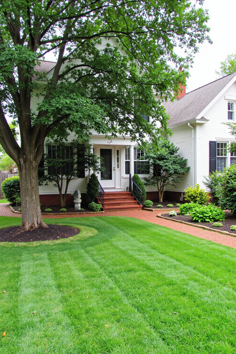 front entry landscaping - Classic Front Yard Design: Lawn, Trees, & Flower Beds - This classic front yard features a manicured lawn,...
