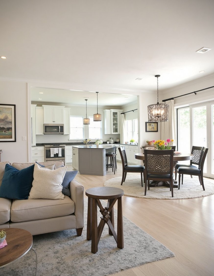 transitional living room ideas - Open Plan Transitional Great Room: Cohesive Design - Open-plan transitional great room: living, kitchen, and dining...