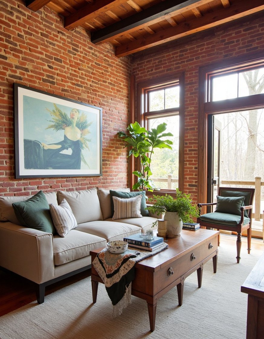 transitional living room ideas - Rustic-Chic Transitional Living Room: Warm & Inviting - Rustic-chic living room design: exposed brick adds warmth!...