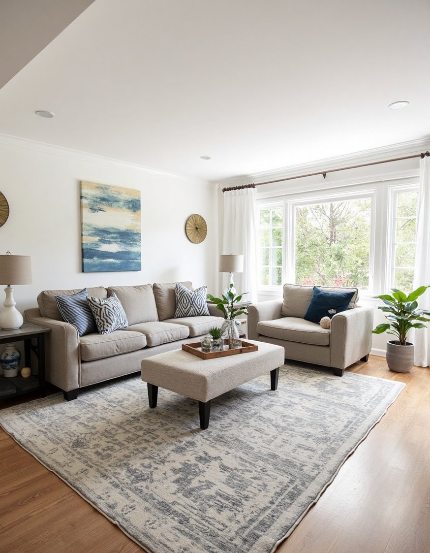 transitional living room ideas - Statement Rug: Transitional Living Room Inspo - This transitional living room is anchored by a...