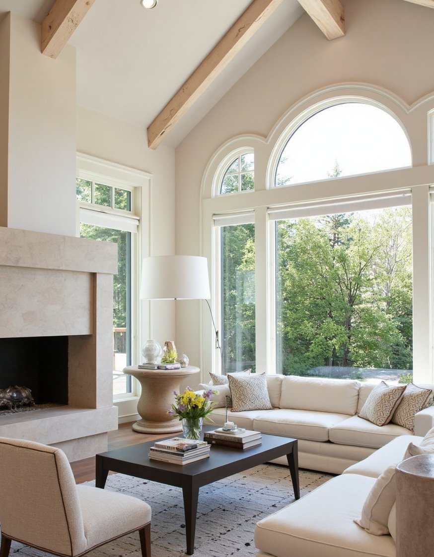 transitional living room ideas - Transitional Living Room: Stunning Architectural Focal Point - This transitional living room centers around a striking...