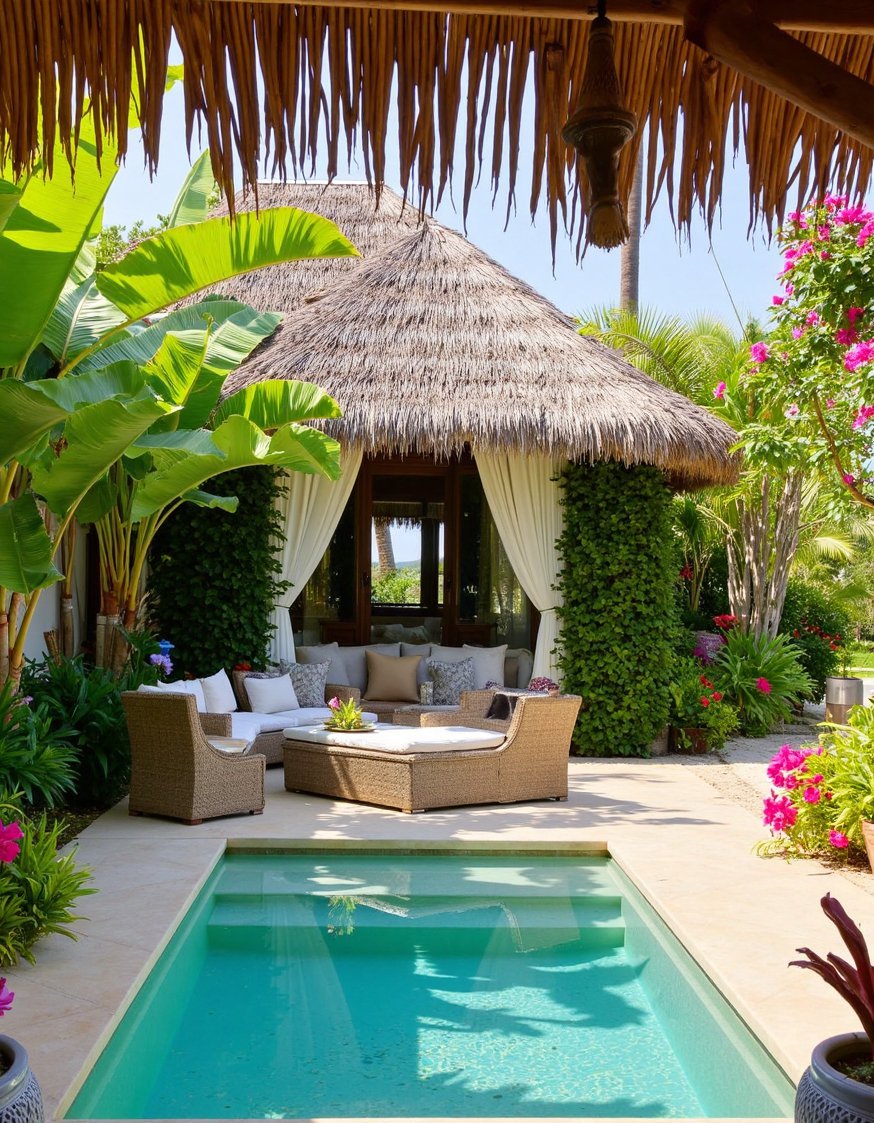 beach hosue patio ideas - Tropical Beach House Patio: Rattan & Lush Greenery - Tropical beach house patio: Lush greenery, vibrant flowers,...