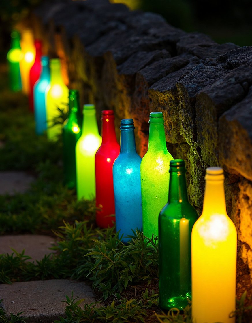 garden decor lights ideas - Bohemian Garden Path: Repurposed Glass Bottle Patio Lights - Upcycled glass bottle lights illuminate a charming garden...