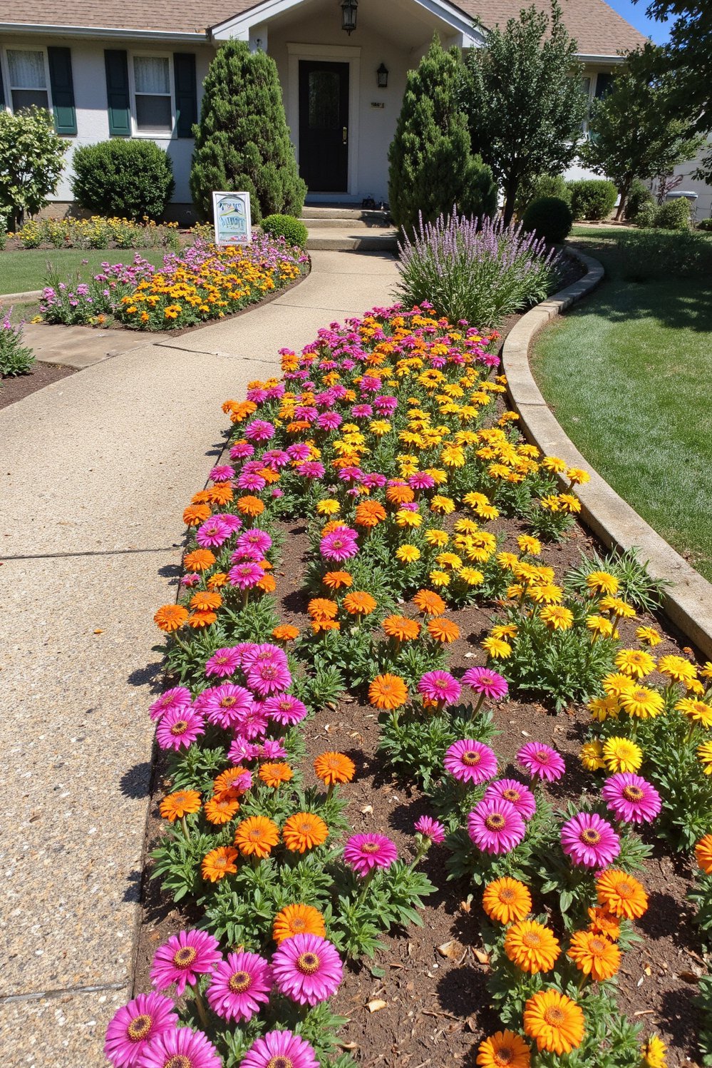 front entry landscaping - Vibrant Front Yard: Colorful Walkway Landscaping - Brighten your front entry with vibrant color. Pink,...