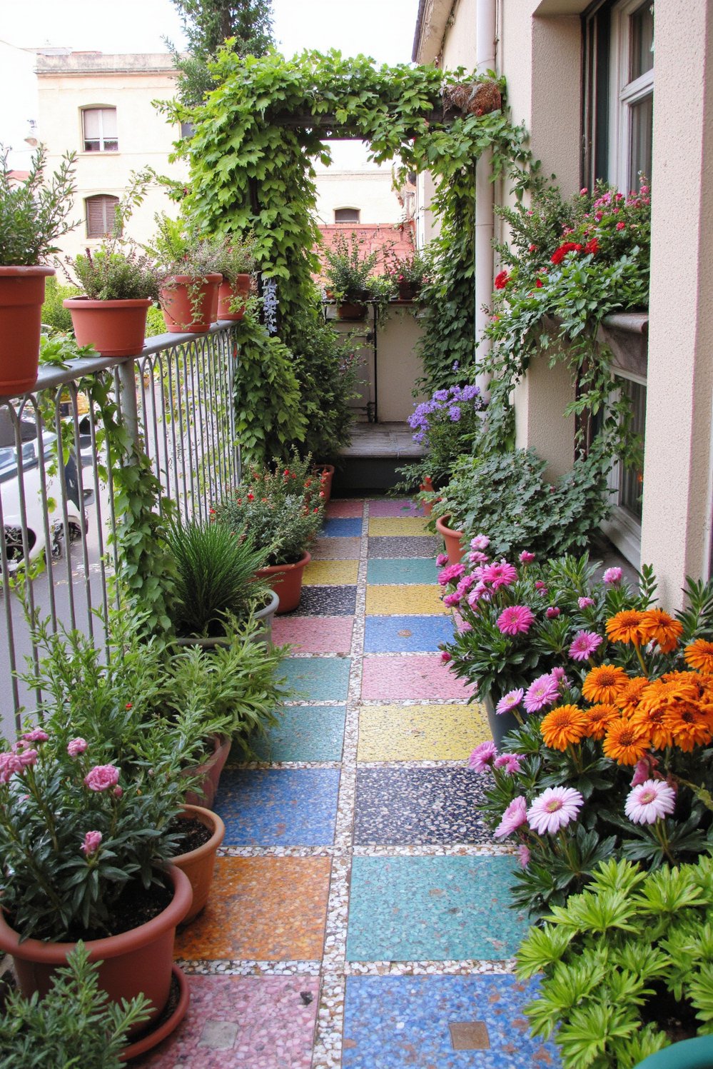 Balcony flooring ideas - Colorful Mosaic Balcony Flooring: Small Garden Design - Small balcony makeover? I love mosaic tile! This...
