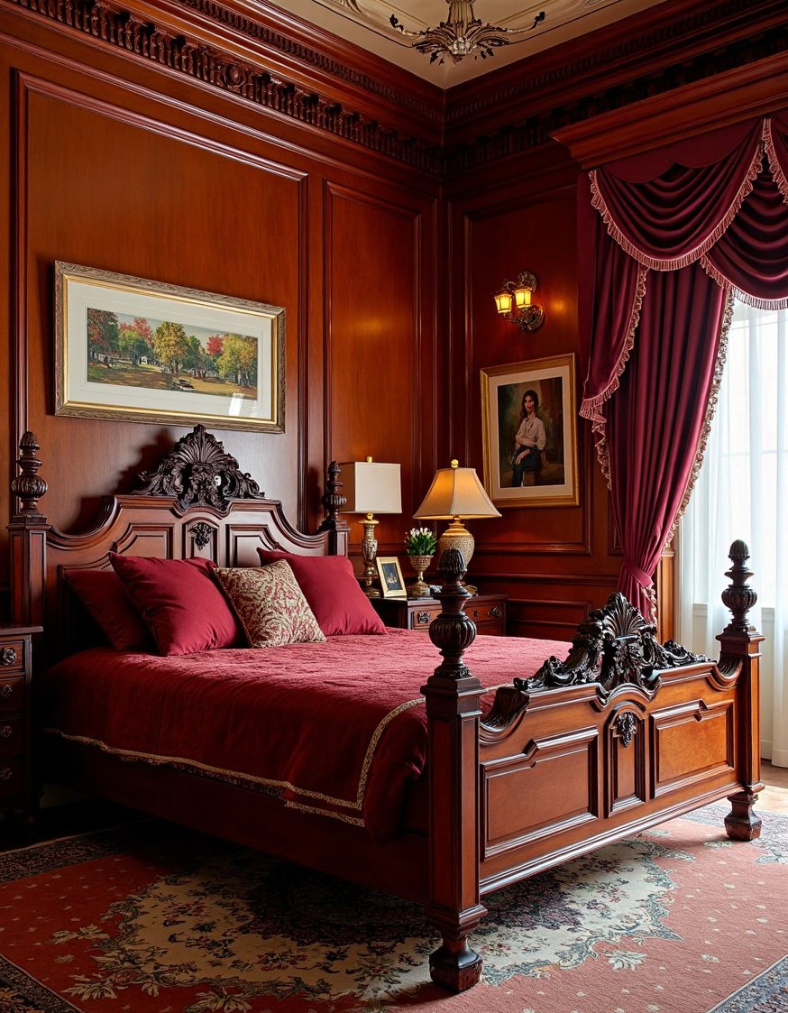 cherry bedroom ideas - Victorian Cherry Bedroom: Dark Wood & Velvet Elegance - Step into a Victorian-style cherry bedroom. Ornate cherry...