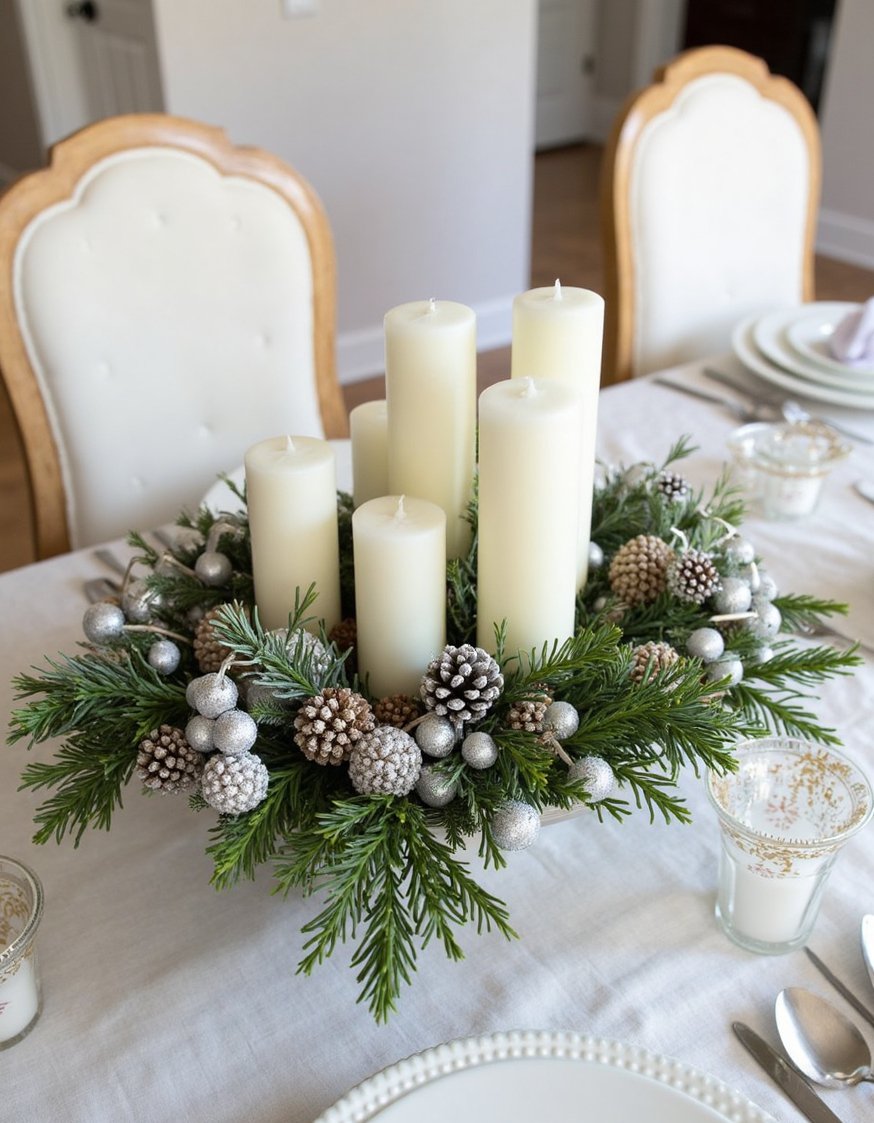 Dinner party tablescape - Winter Dinner Party Tablescape: White, Silver, and Evergreen - Winter wonderland tablescape! White and silver create a...