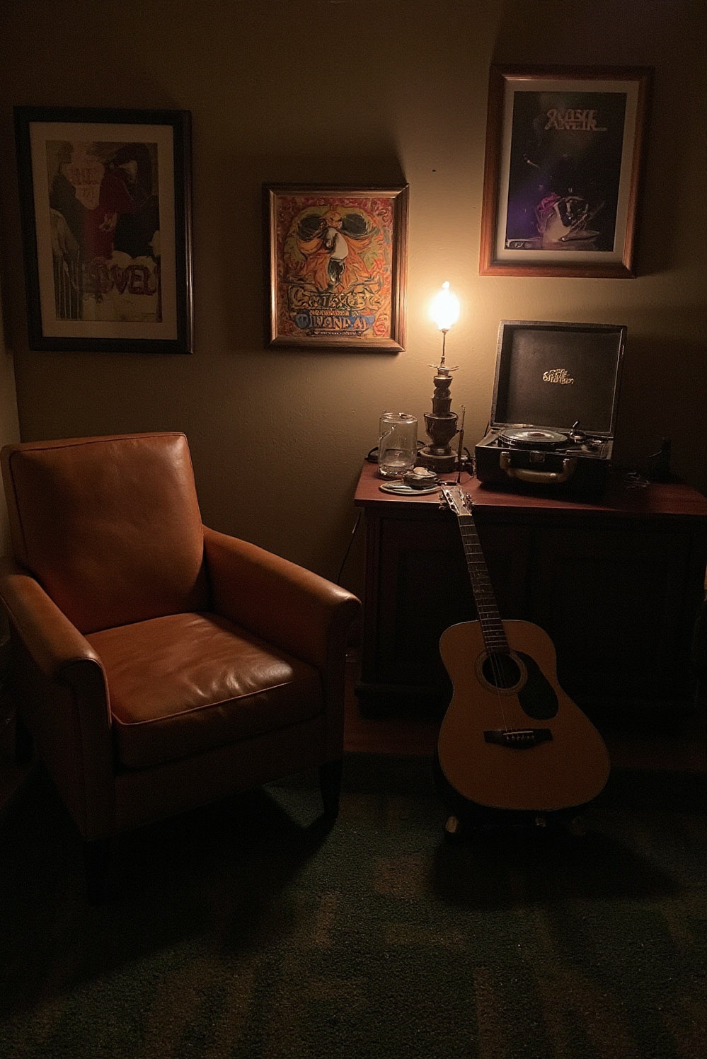 Cozy room aesthetic - Unwind In Your Music Sanctuary - A vintage record player casts a warm, inviting...