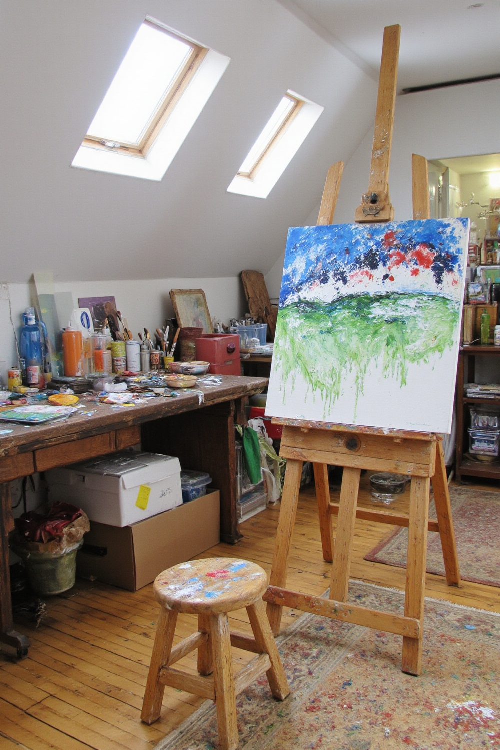 Cozy room aesthetic - Craft Your Cozy Studio - North-facing skylights flood the artist's attic studio with...