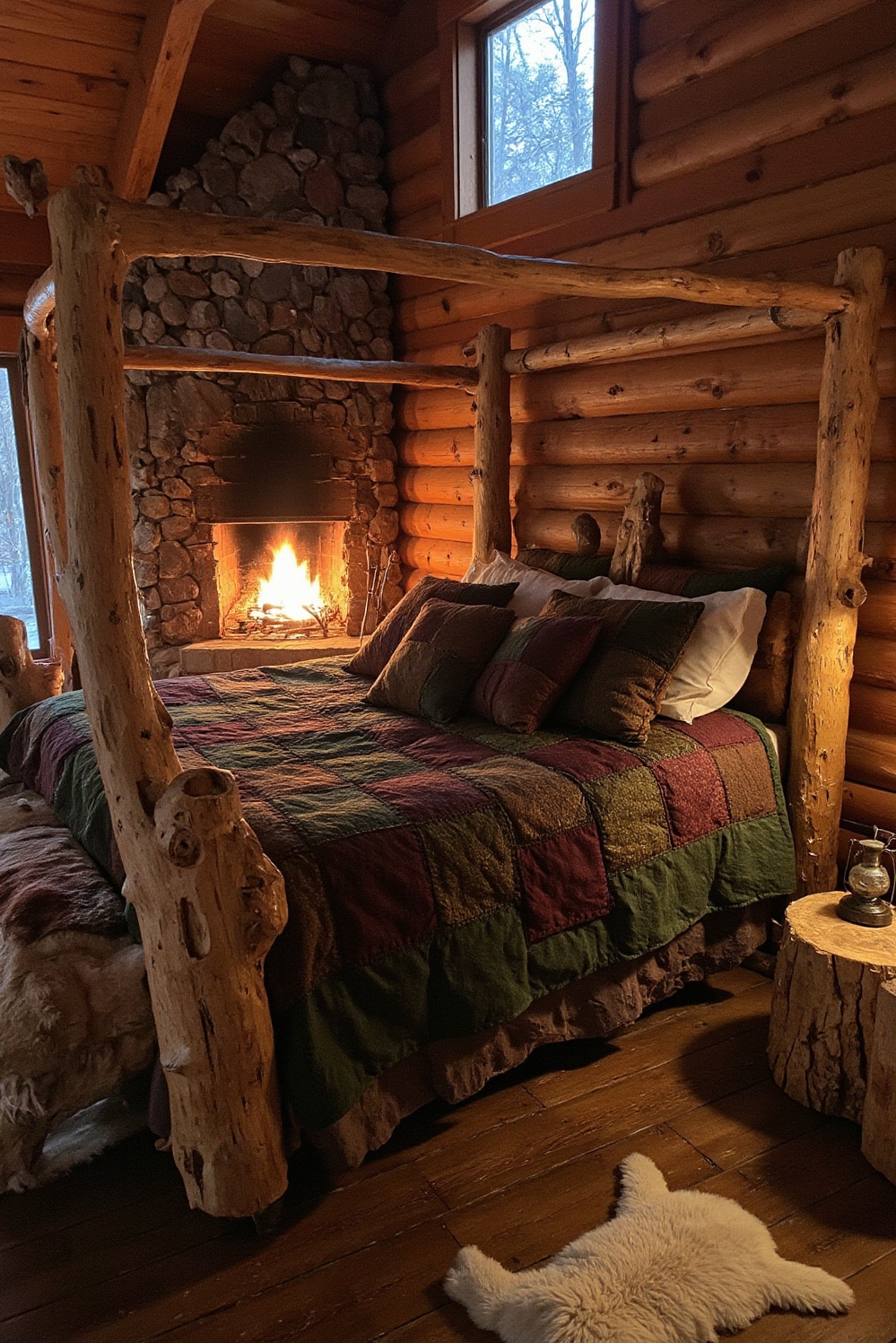 Cozy room aesthetic - Fireside Comfort: Rustic Cabin Nook - A crackling stone fireplace casts a golden, inviting...