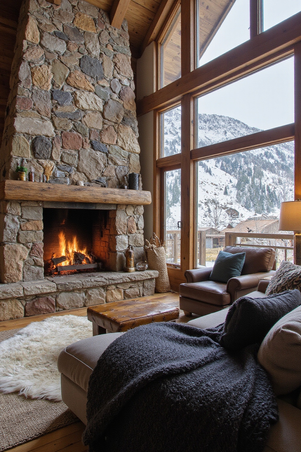 Cozy room aesthetic - Alpine Retreat: Cozy Fireside Living - A colossal stone fireplace blazes at the heart...