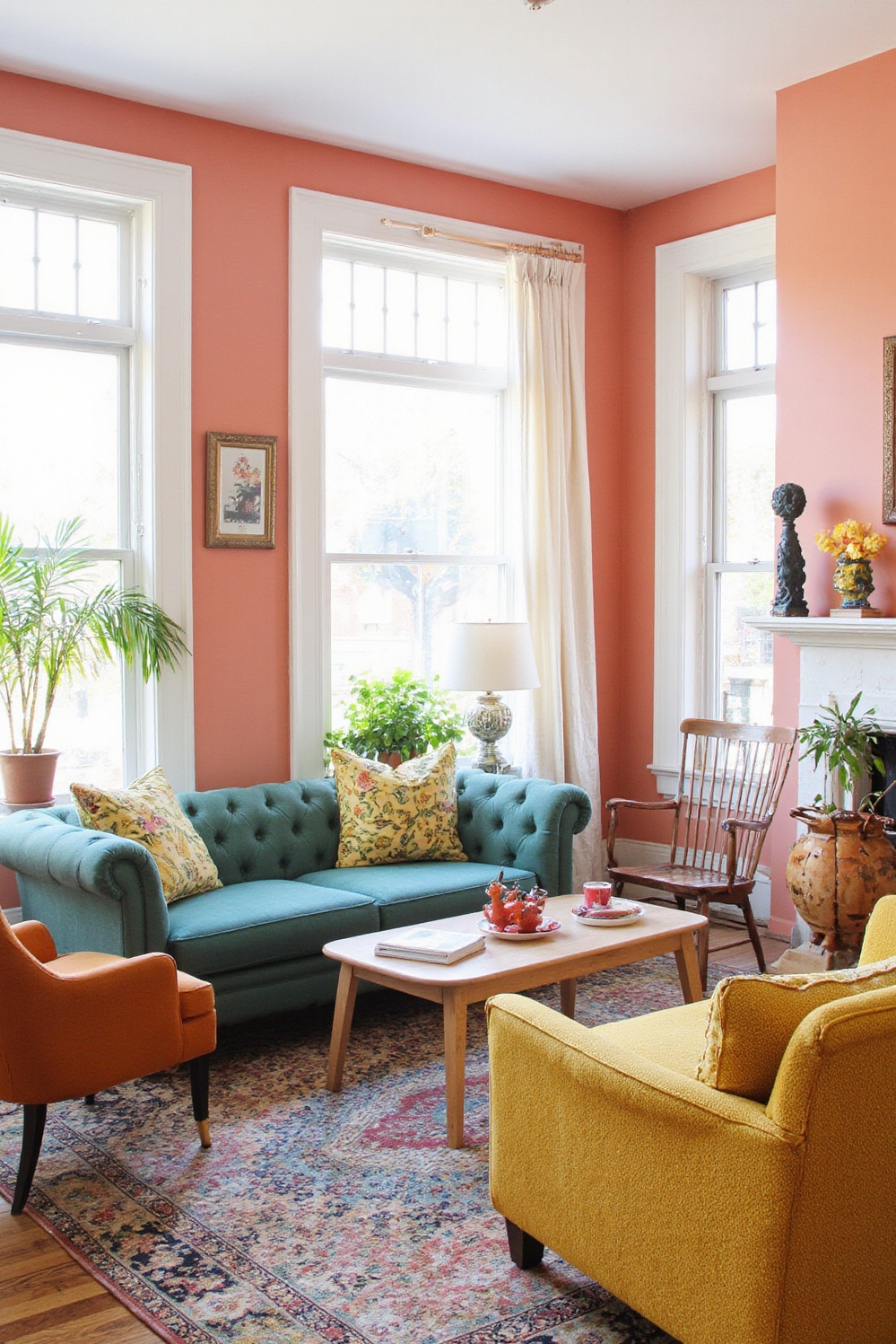 Living room colors ideas - Pastel Coral & Bold Color Play - ### Coral Charm & Eclectic Energy Sunlight floods...