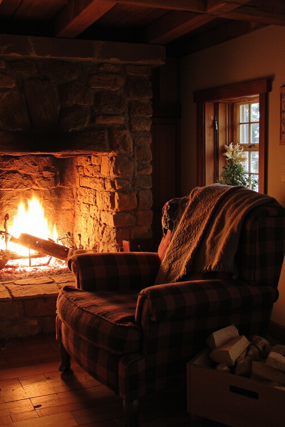 Cozy room aesthetic - Embrace The Fireside's Cozy Glow - Flickering firelight dances across rough-hewn beams, painting the...
