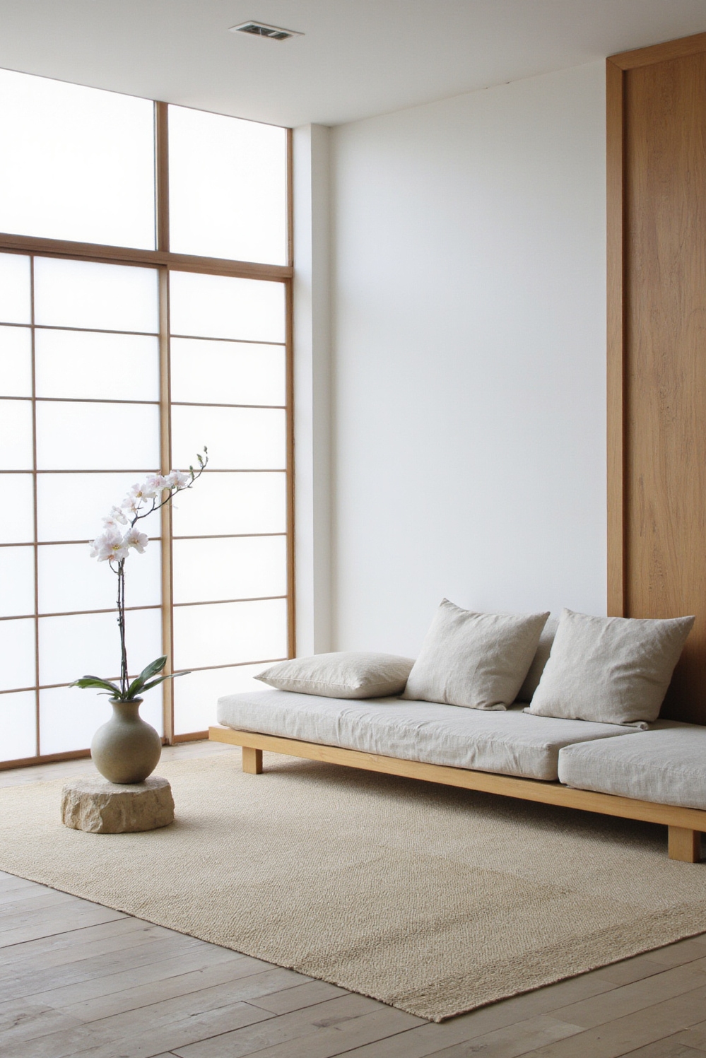 Cozy room aesthetic - Achieving Cozy Japandi Calm - Sunlight streams softly through a large, shoji-inspired window,...