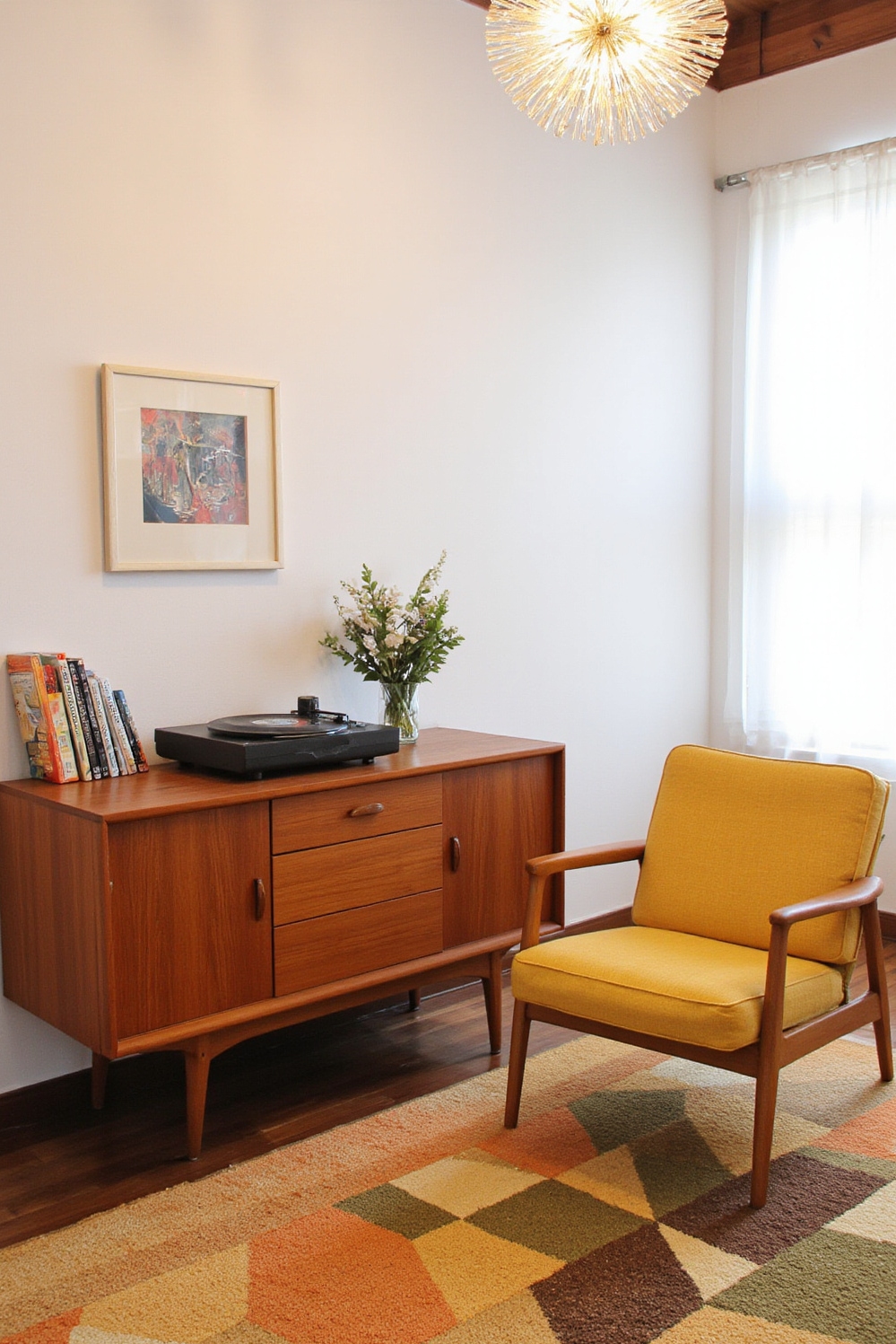 Cozy room aesthetic - Elevate Your Cozy Sanctuary - Sunlight streams across a perfectly curated mid-century modern...