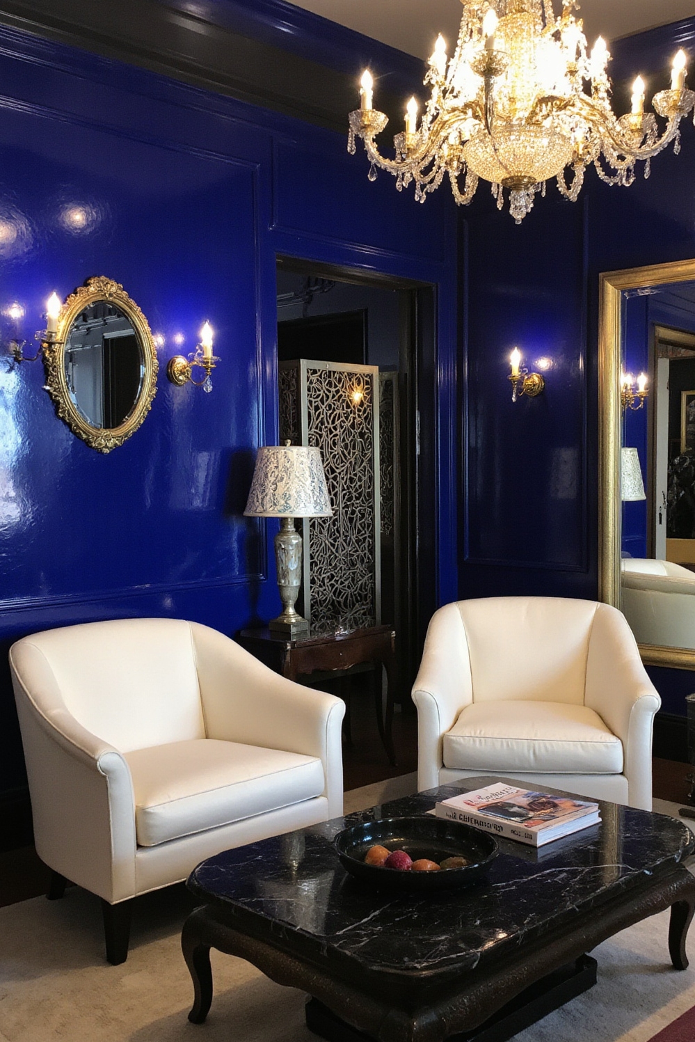 Living room colors ideas - Blue & Gold Living Room Glamour - ### Sapphire Nights, Golden Dreams Deep sapphire blue...