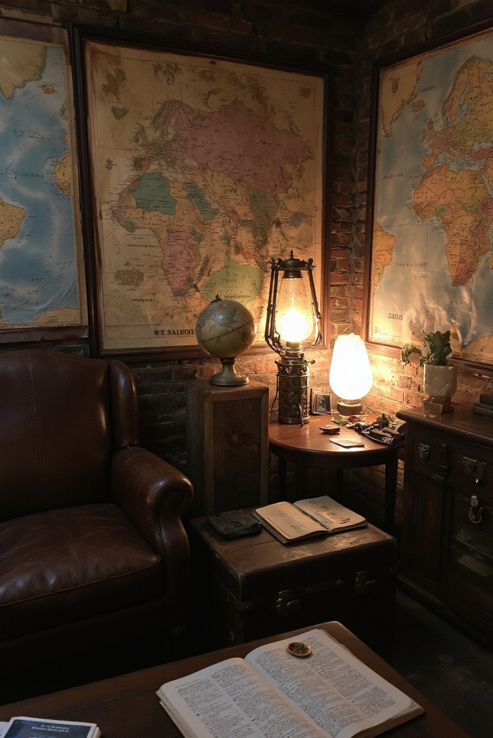 Cozy room aesthetic - Your Adventurous Cozy Retreat - Sunlight catches the worn leather of a stately...