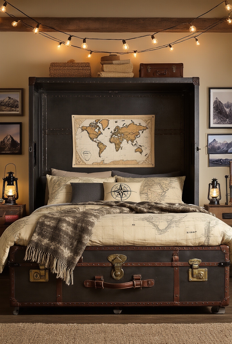 Blog Topic - The Explorer's Trunk Bed - The Adventure Seeker's Murphy bed unfolds, revealing a...
